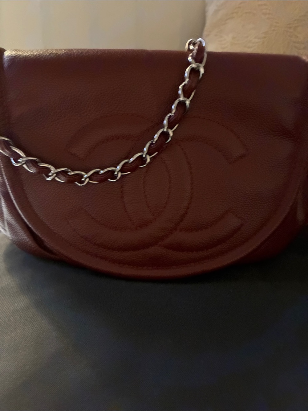 Chanel Quilted Leather half moon Shoulder Bag in Deep Burgundy with silver chain